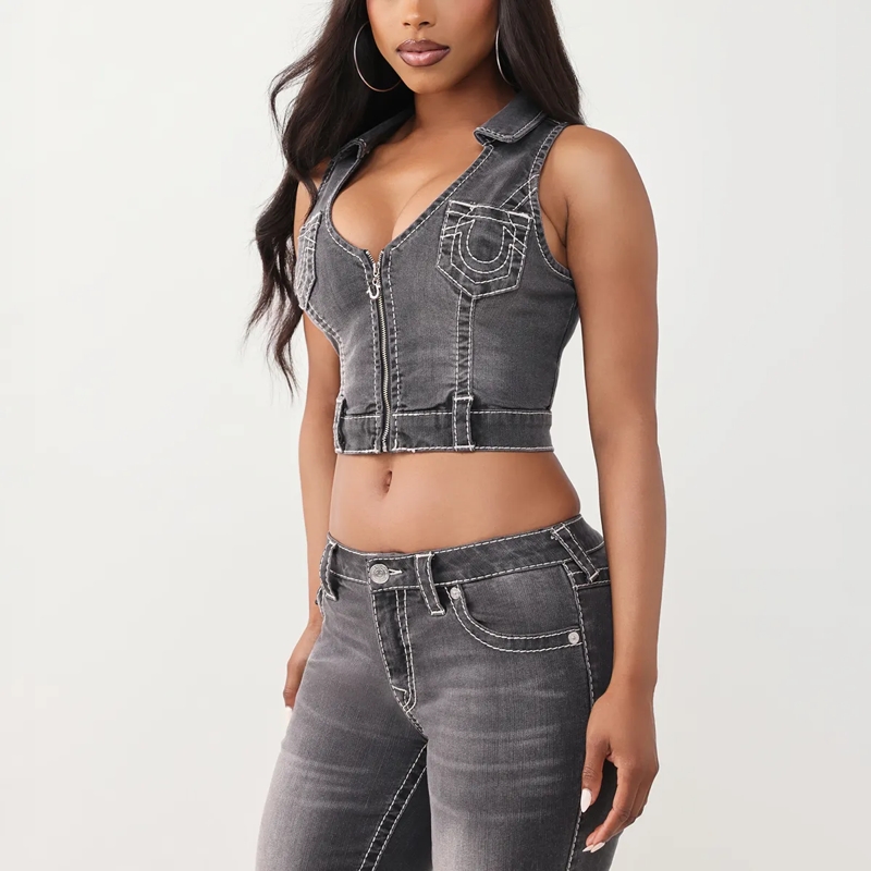 True Religion Top - Denim-Top- Tiefer Rundhalsausschnitt- Struktur schwarz(Image 3)