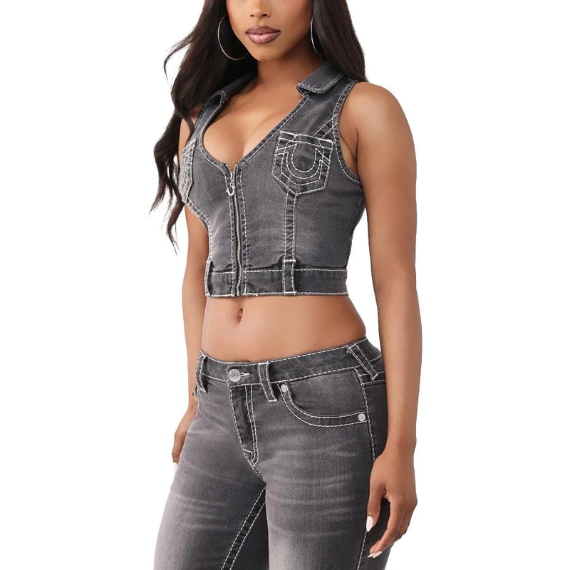 True Religion Top - Denim-Top- Tiefer Rundhalsausschnitt- Struktur schwarz(Image 2)