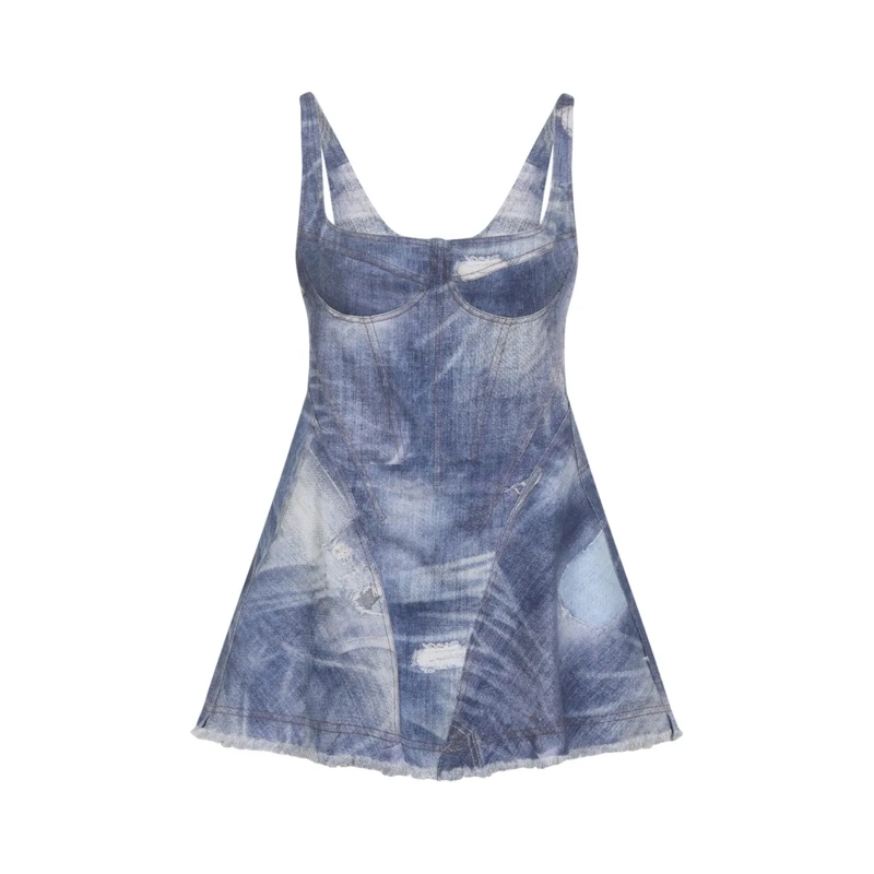 Roberto Cavalli Mini-jurk Mini Denim Patchwork Dress With Structured Cups An Blue