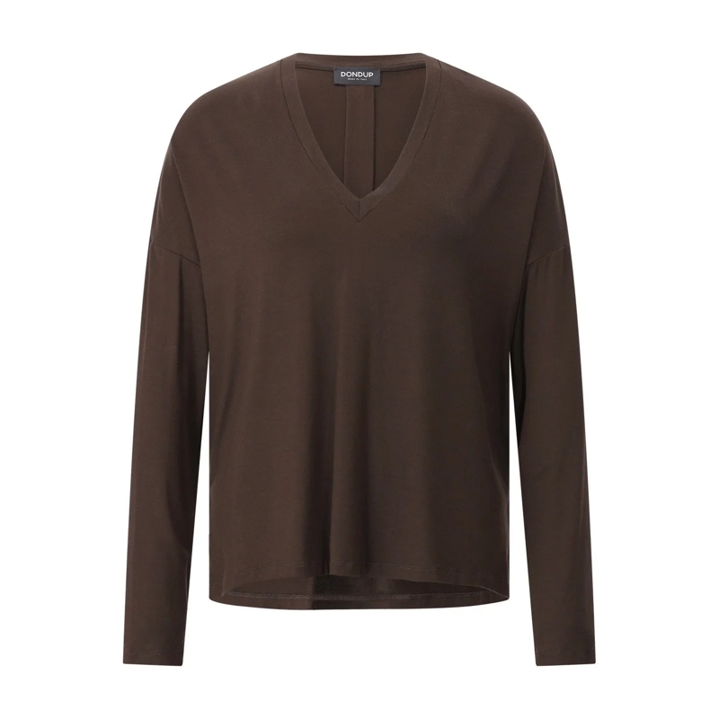 Dondup  Langarmshirt mit V-Ausschnitt Dunkelbraun