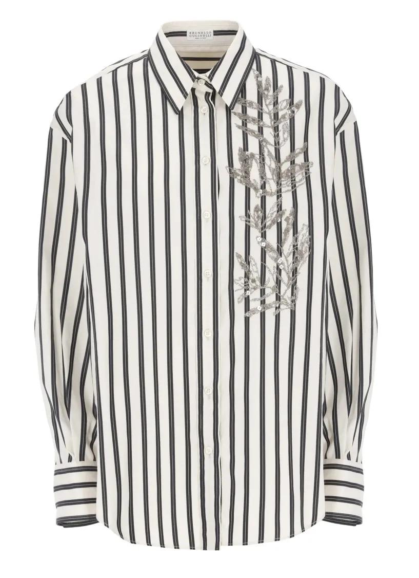Thumbnail - Brunello Cucinelli - Ivory Striped Cotton-Silk Shirt - Größe M - brown