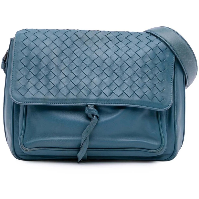 Bottega Veneta Schultertasche Intrecciato Trimmed Nappa Flap Crossbody blau