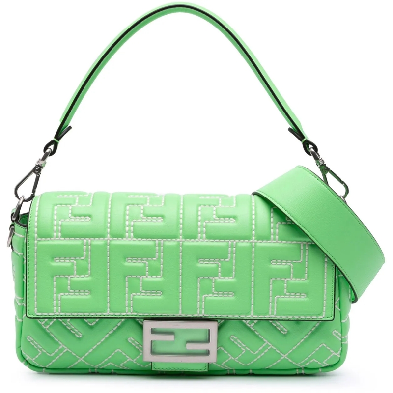 Fendi Schultertasche Medium Leather Embossed FF Baguette Satchel grün