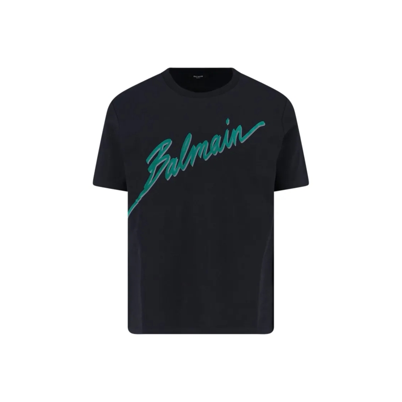 Balmain T-shirt Black Cotton T-Shirt With Striking Green Logo Prin Black