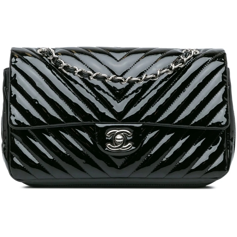 Chanel Schultertasche Medium Classic Chevron Patent Double Flap schwarz