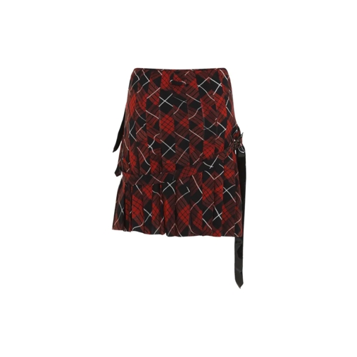 Jean Paul Gaultier Mini jupes Pleated Mesh Printed "Distorted Tartan" Short Skir Red