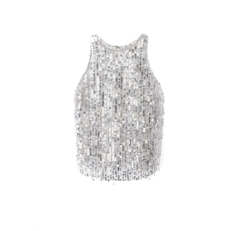Elisabetta Franchi Chemisier Sequined Halter Top With Fringe Detail And Silhoue Silver