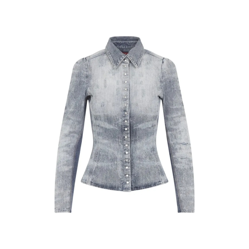 Diesel Overhemd Fitted Denim-Texture Shirt With Classic Collar Grey
