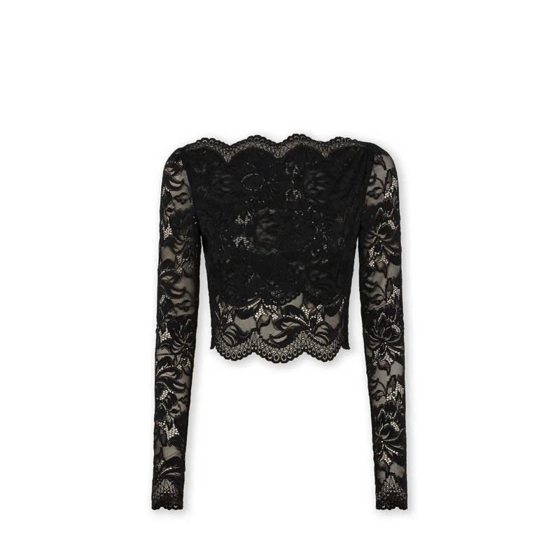 Paco Rabanne Top met lange mouwen Cropped Floral Lace Top Black