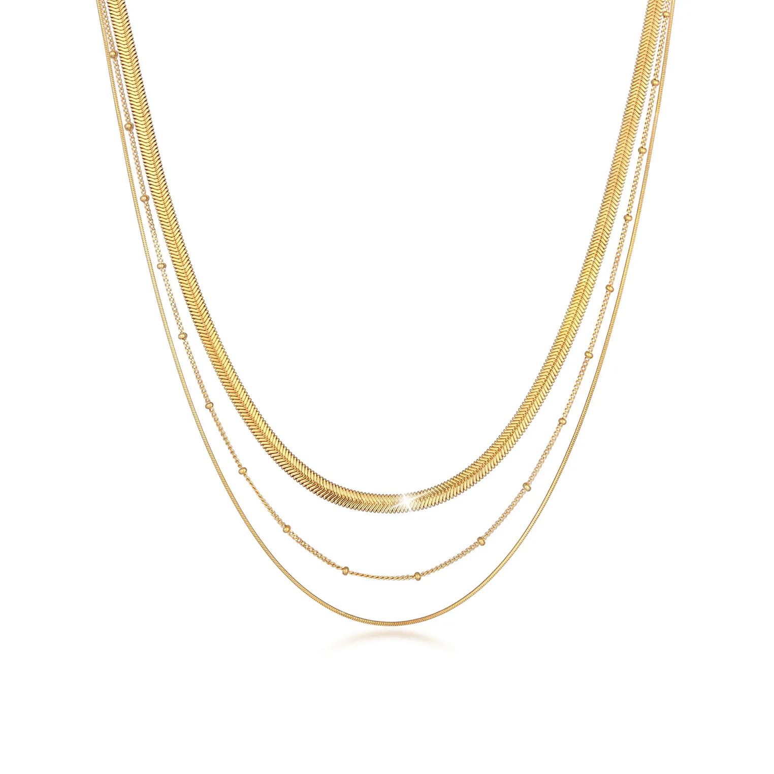 Elli Halsketten - Halskette Layer 3-reihig Flach Rund Kugelkette 925 - Gr. unisize - in Gold - für Damen