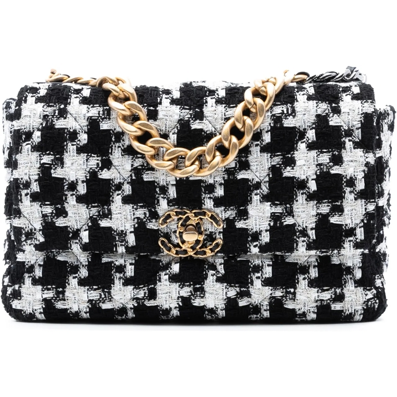 Chanel Schultertasche Large Houndstooth Tweed 19 Flap schwarz