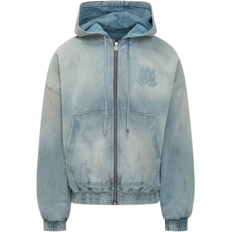 Amiri  Felpa Denim Zip con Cappuccio e Tasche a Marsupio hellblau