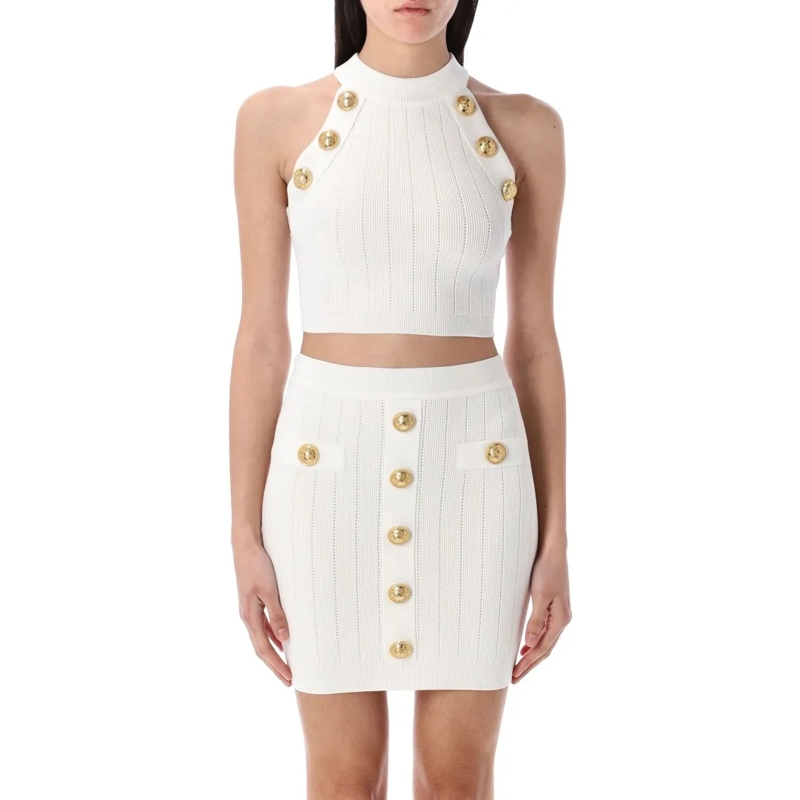 Balmain Bluse 6-Button Knit Halterneck Top White