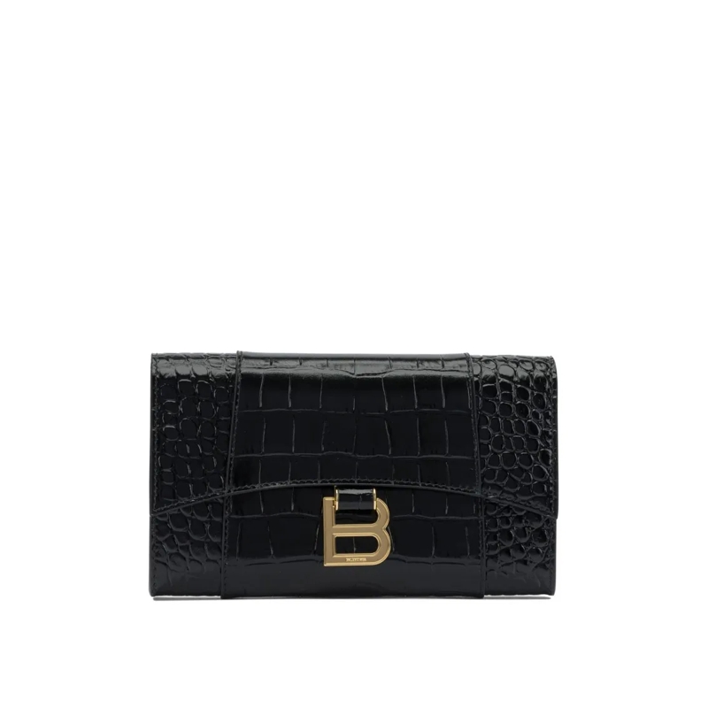 Balenciaga Clutch Crocodile-Embossed Leather Clutch With Gold Hardwa Black