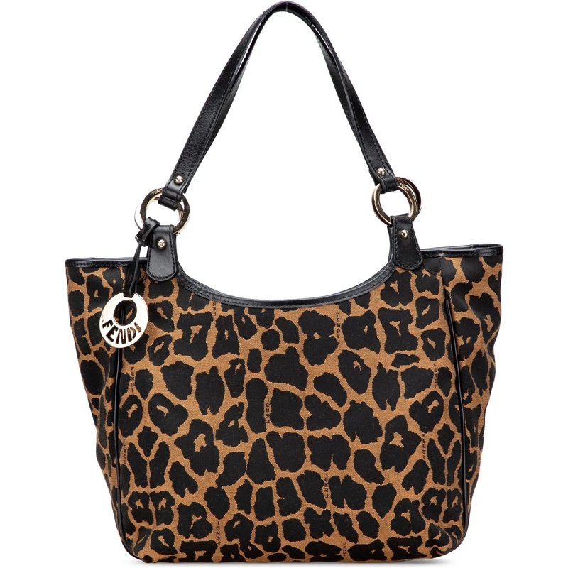 Fendi Tote Leopard Print Chef Canvas Handbag braun
