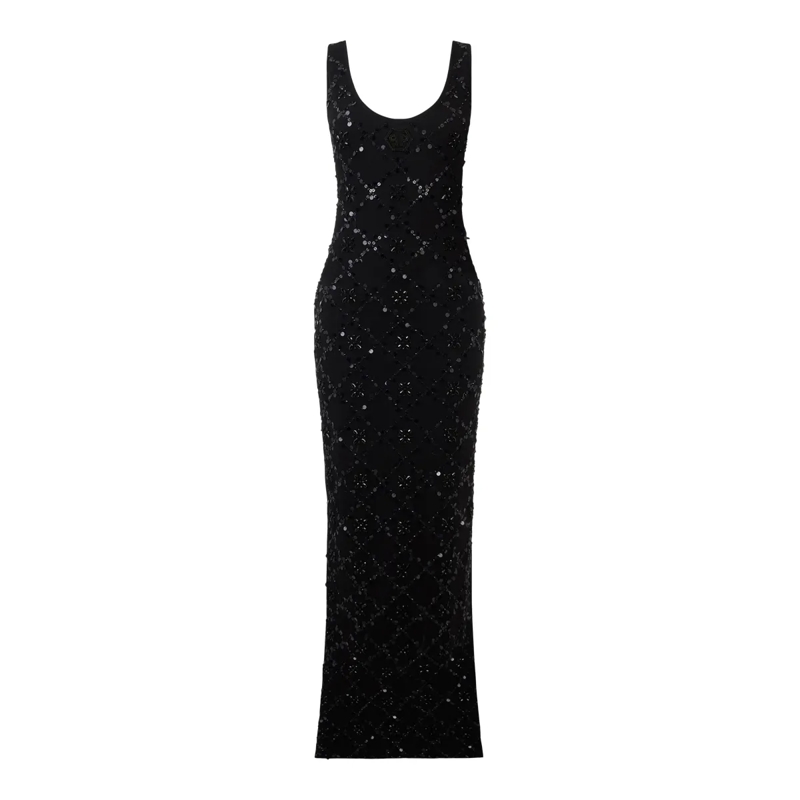 Philipp Plein Maxikleid Long Tank Dress Rhomb Flowers Strass schwarz