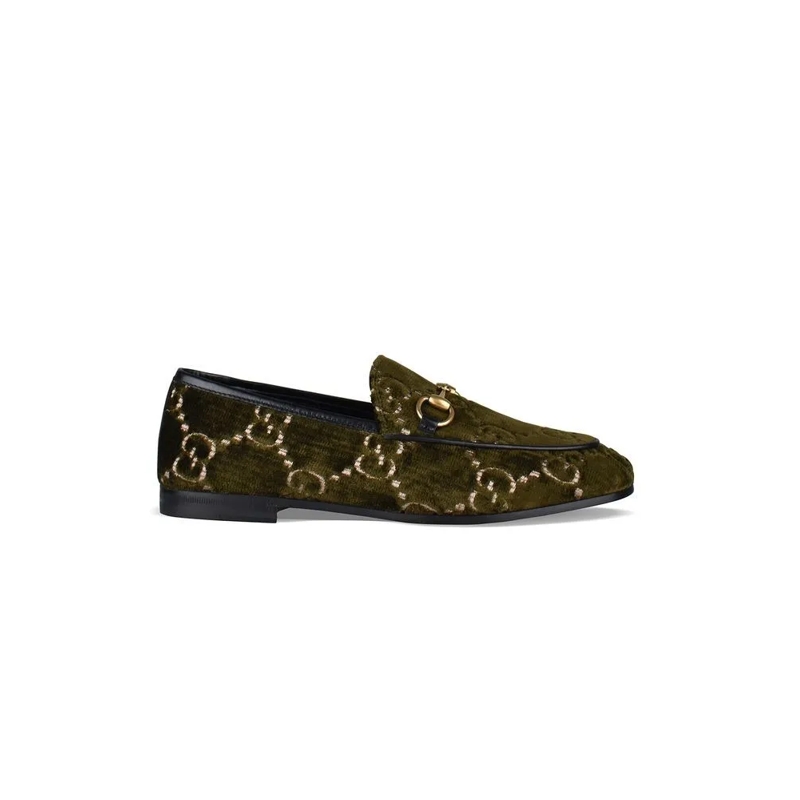 Gucci Ballerinas Khaki Green Velvet Loafers Black