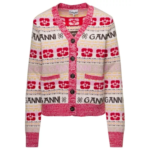 GANNI Logo Wool Mix Cardigan Pink 