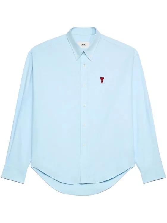 AMI Paris - Logo-Embroidered Sky Blue Poplin Shirt - Größe L - blue