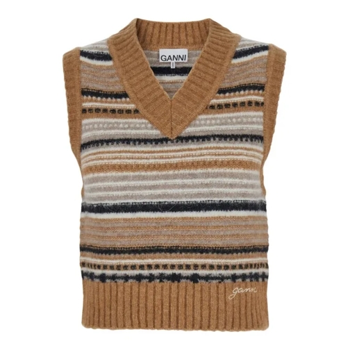 GANNI Multicolor Knit Vest With Stripe Motif In Wool Brown 