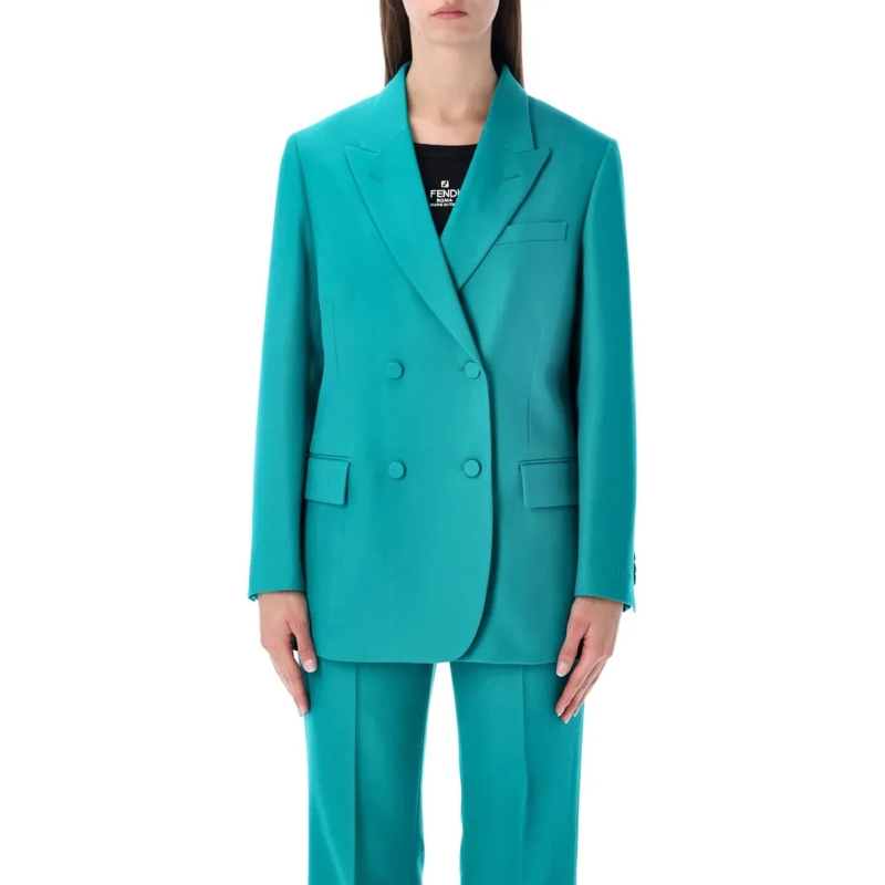 Fendi Blazer Tailored Turquoise Double-Breasted Blazer With Pea Blue