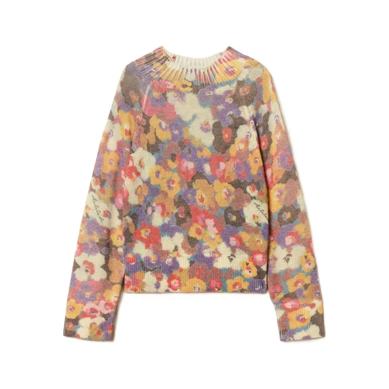 Twin-Set Pull Multicolored Floral Patterned Sweater With Ribbed  Neutrals