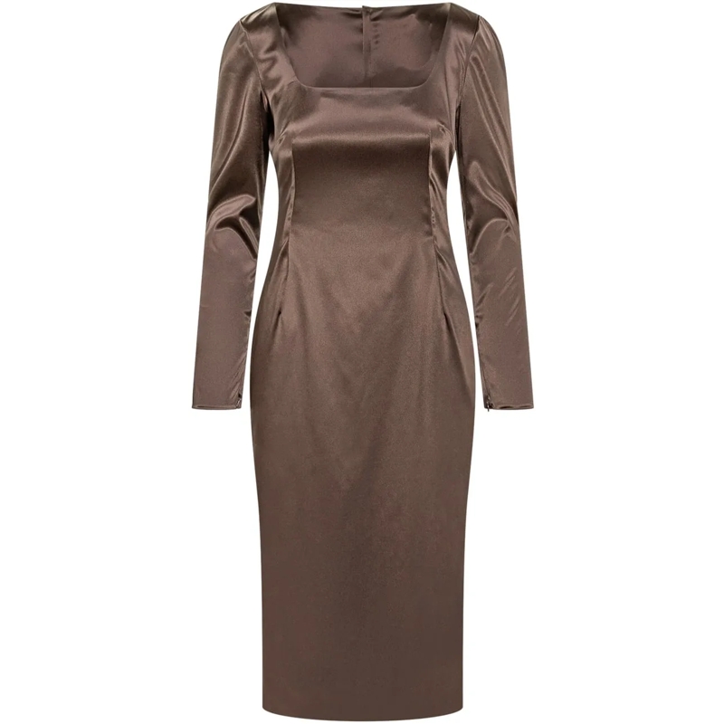 Dolce&Gabbana Midikleid Abito Dolce & Gabbana in Raso a Maniche Lunghe braun
