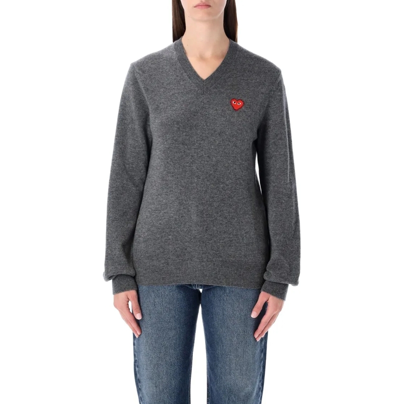 Comme des Garcons Pullover Play Wool V-Neck Sweater With Red Heart Grey