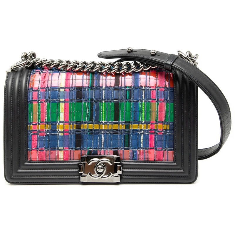 Chanel Schultertasche Old Medium Lambskin and Woven PVC Boy Flap schwarz