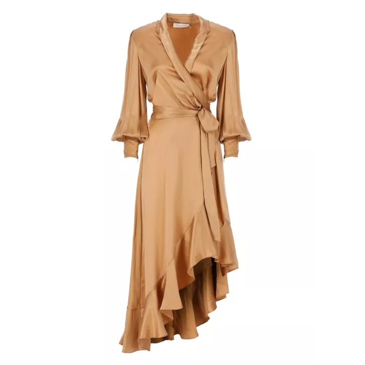 Zimmermann Silk Wrap Midi Dress Brown