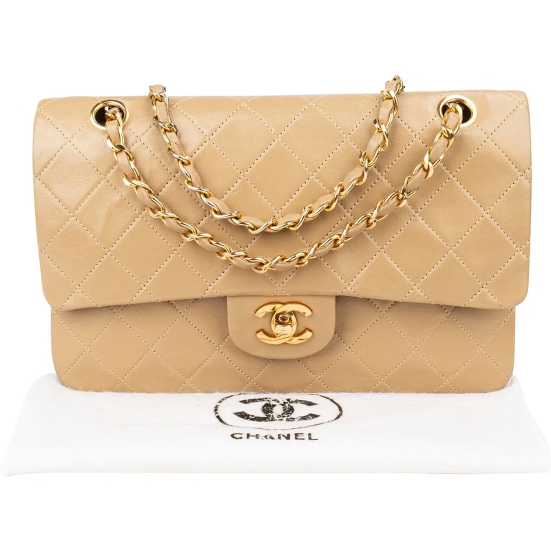Chanel Tote Chanel Quilted Lambskin 24K Gold Medium Double Fla beige