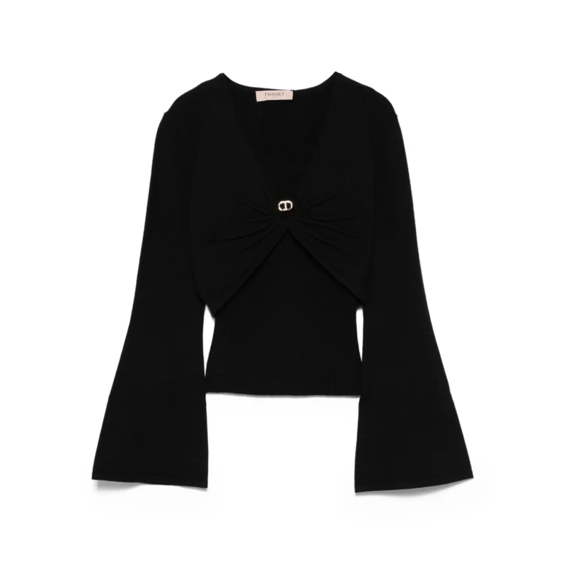Twin-Set Chemise Deep V-Neck Shirt With Twist Detail And Gold Buckl Black
