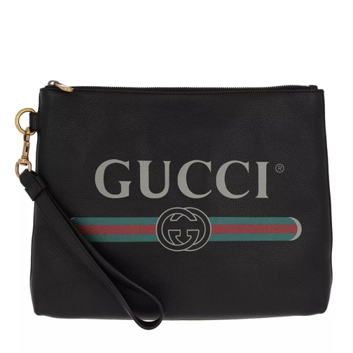 Gucci Logo Pouchette Medium Leather Black Handväska med väskrem