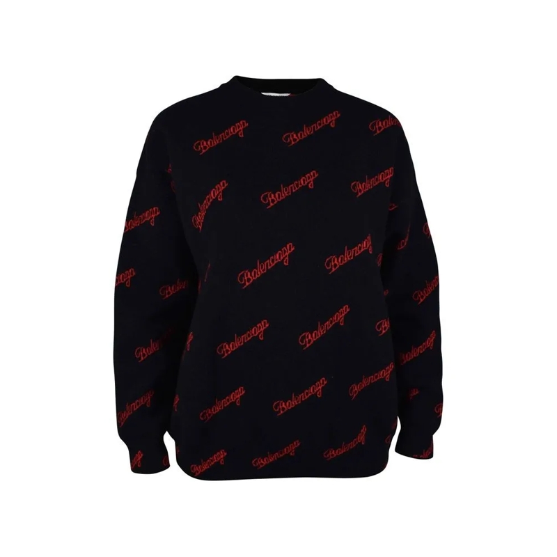 Balenciaga Trui Black Wool Sweater With Red Logo Print Black