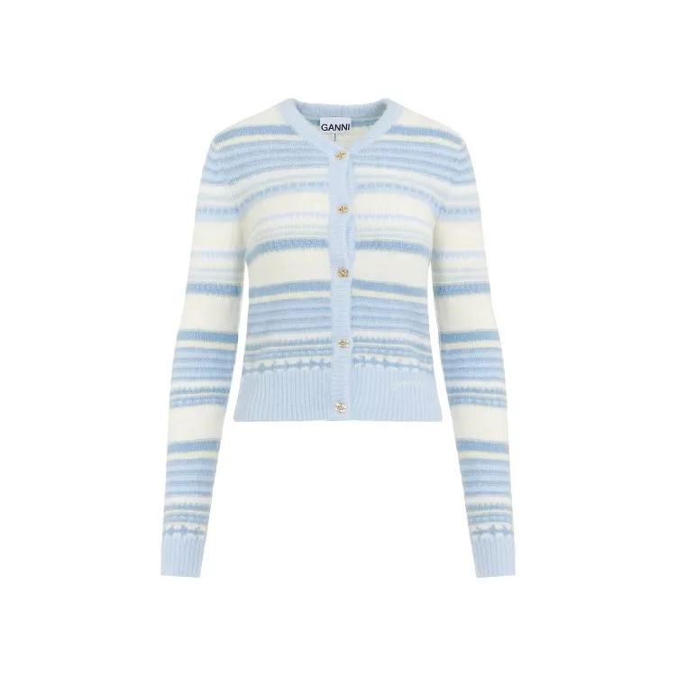 GANNI - Stripe Light Blue Soft Wool Cardigan - Größe XS - blue