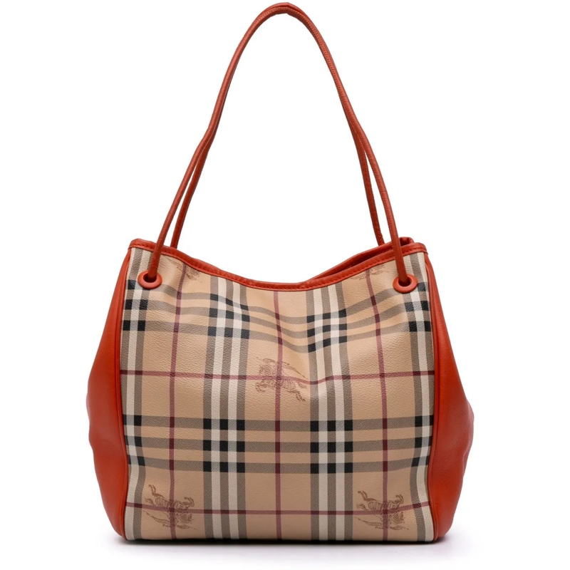 Burberry Shopper Small Leather Trimmed Haymarket Check Coated Canva braun