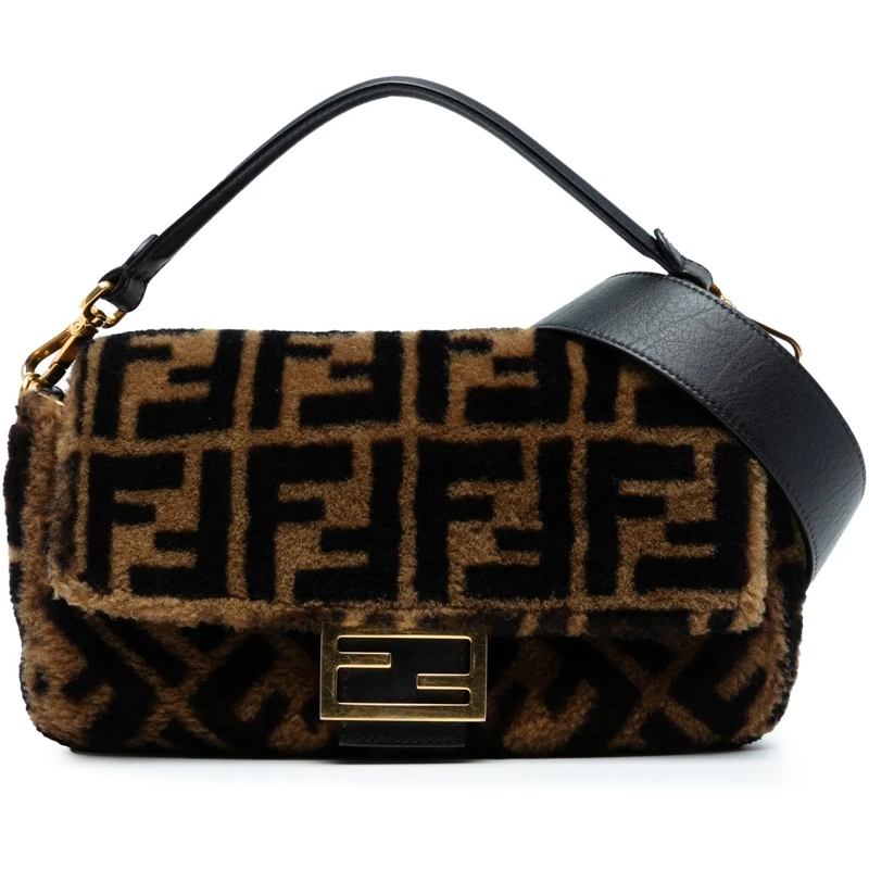 Fendi Schultertasche Medium Zucca Shearling Baguette Satchel braun