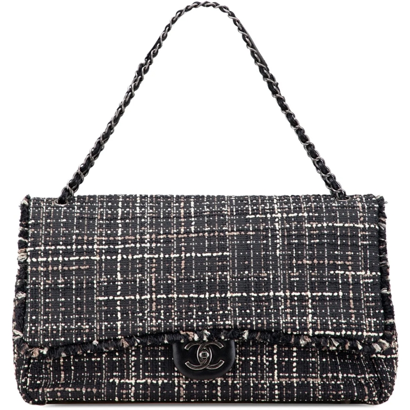 Chanel Sac à bandoulière XXL CC Tweed Single Flap schwarz