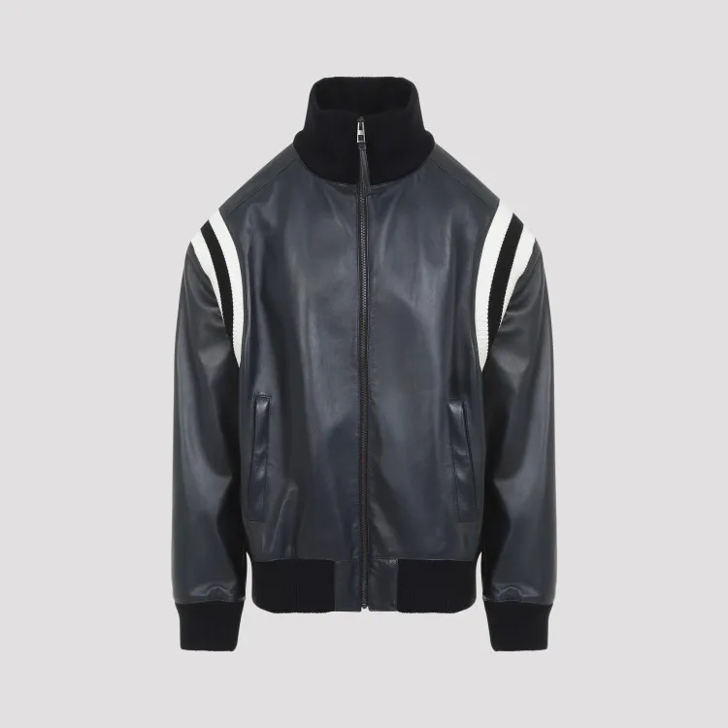 Loewe Navy Blue Lamb Leather Bomber Jacket Blue
