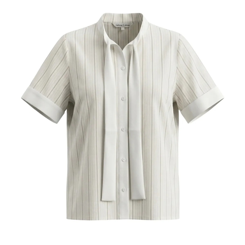 Helene Galwas Bluse Gestreifte Baumwollbluse mit Seidenschleifenkragen beige