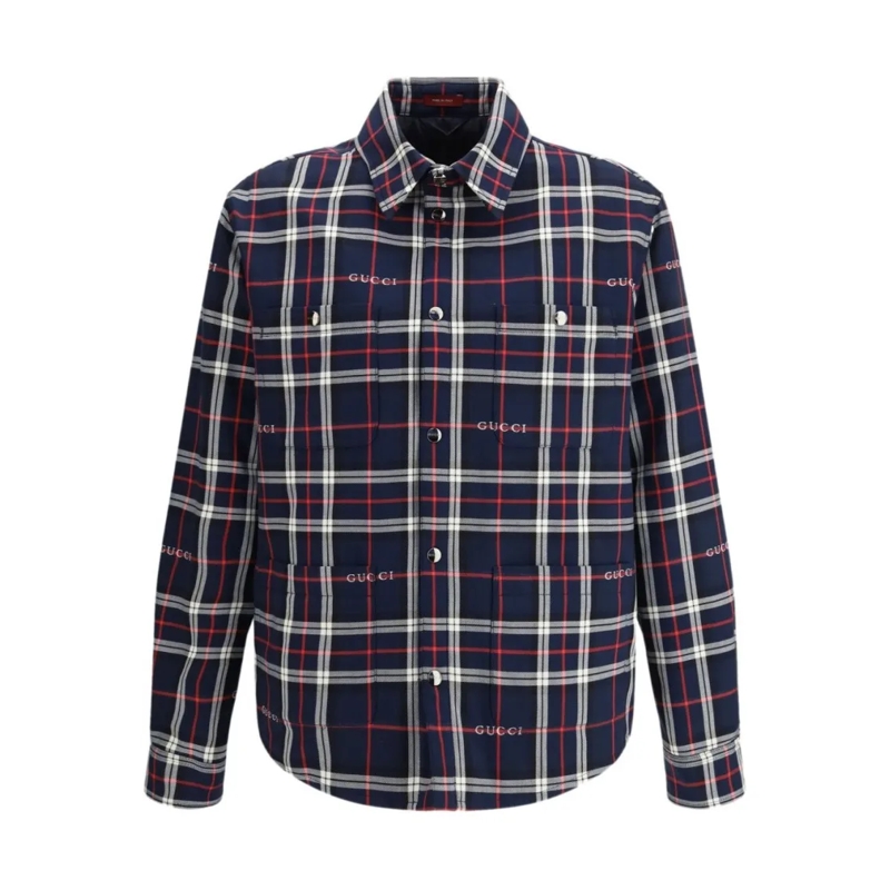 Gucci  Classic Plaid Button-Up Jacket With Metallic Accen Blue
