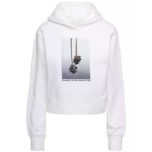 Palm Angels White Cropped Hoodie And Contrasting Print In Cott White 