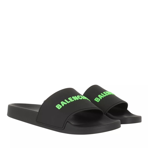 Balenciaga Logo Pool Slides Black/Fluo Green Slip-in skor