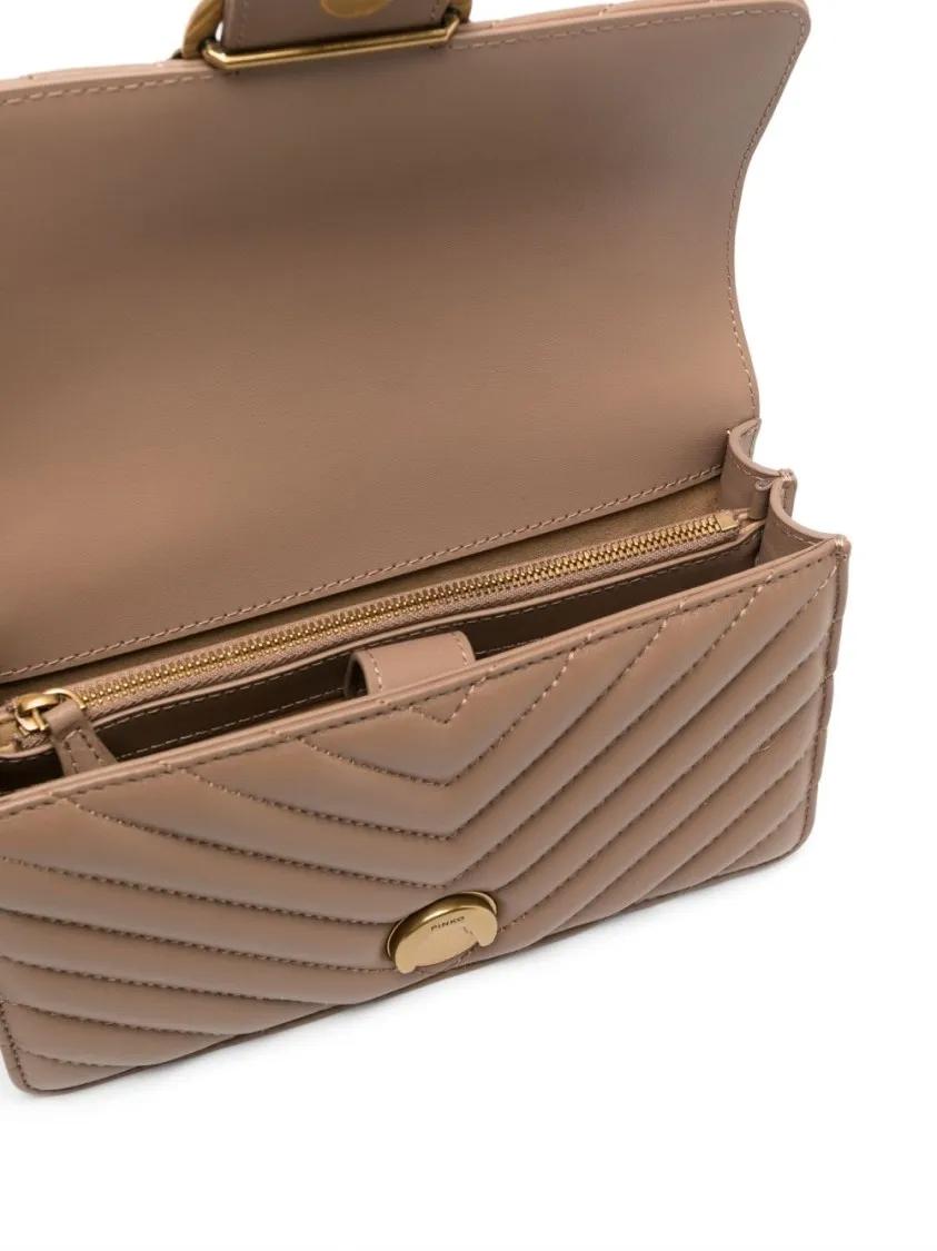 Pinko Hobo bags Chevron Quilted Beige Calf Leather Shoulder Bag in bruin