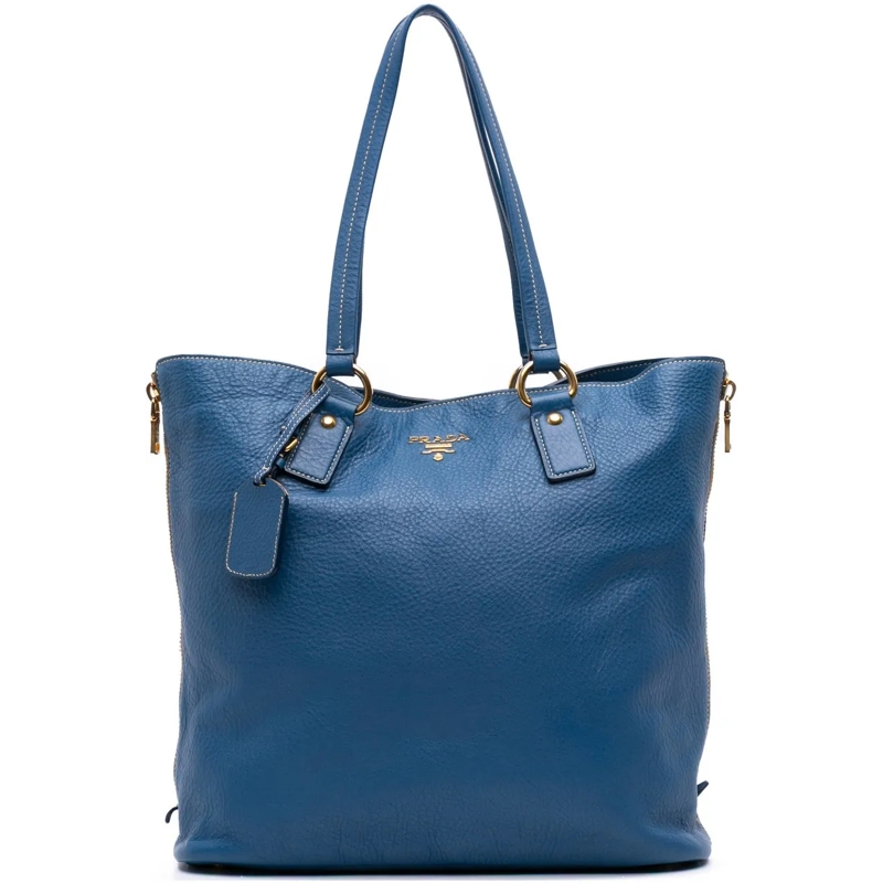 Prada Shopper Vitello Daino Side Zip Shopper Tote blau
