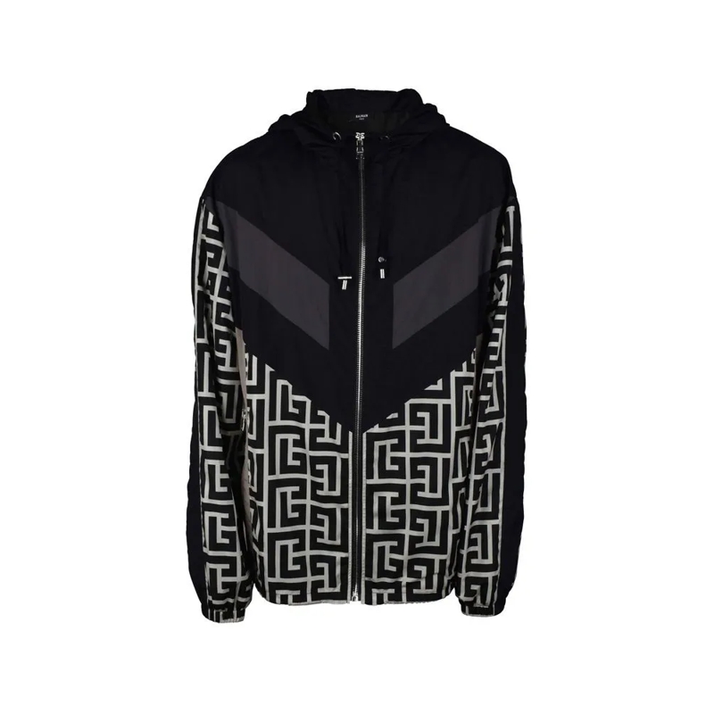 Balmain  Monogrammed Nylon Windbreaker Jacket With Drawstri Black