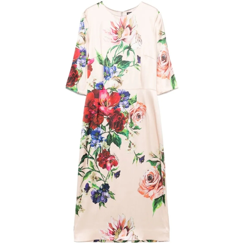 Dolce&Gabbana  Floral Midi Dress With Three-Quarter Sleeves Neutrals