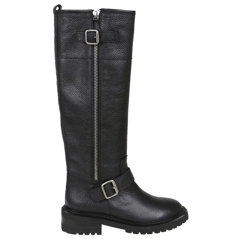 Via Roma 15 Bottes Black Leather Boot With Side Zip And Buckle Detail Black