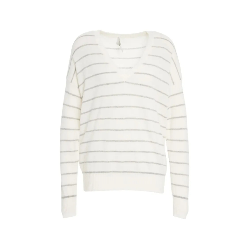 Mvm Trui Striped Knit Sweater With Classic V-Neck White