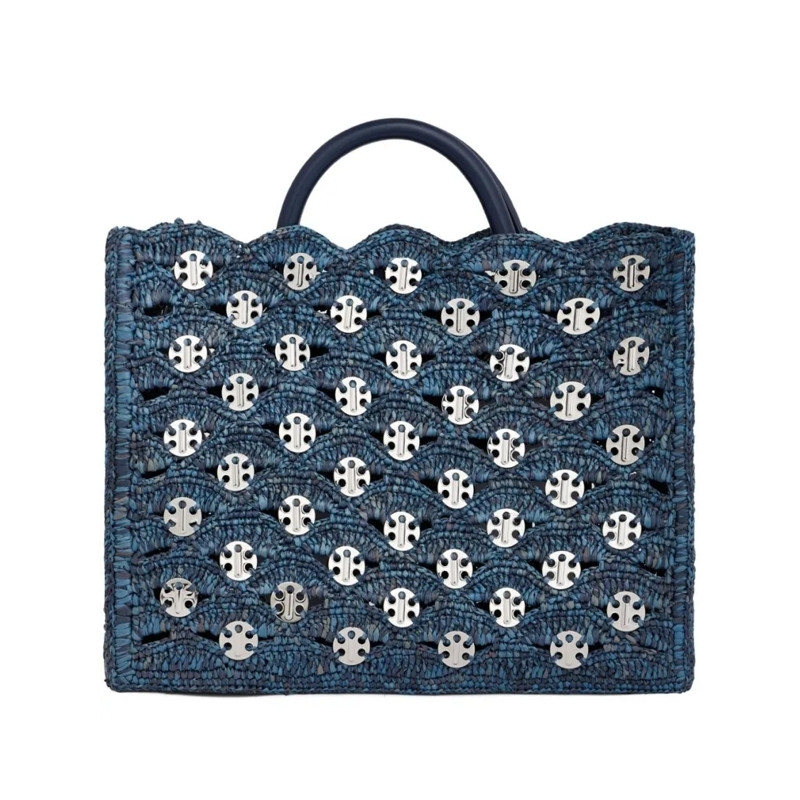 Paco Rabanne Fourre-tout Structured Woven Raffia Tote With Metallic Accents Grey